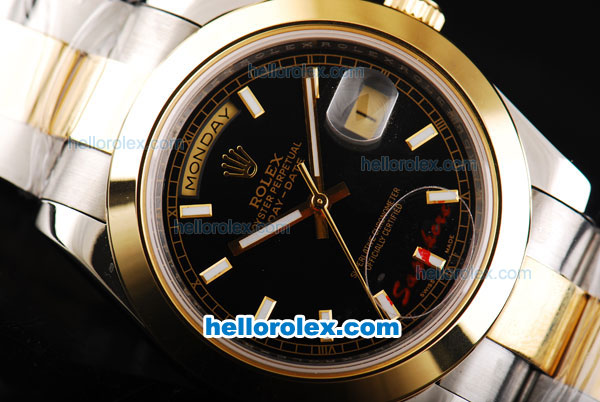 Rolex Day-Date II Oyster Perpetual Automatic Movement Two Tone with Gold Bezel-Black Dial and Stick Markers - Click Image to Close